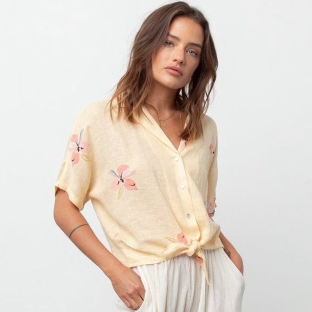 Rails Marley Lightweight Linen Front Tie Floral Short Sleeve Blouse